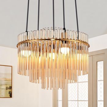 Lámpara Colgante Moderna Dorada Nettlife, Lámpara Colgante De Cristal De 5 Luces Con Casquillo E14, Redonda, Ø 40 Cm, Para Cocina (sin Bombillas).