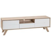 soporte para tv enchapado en madera clara y blanca para tv de hasta 64r con 2 gabinetes y cajon forester