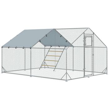 PawHut Gallinero Exterior Metálico de 3x4m con Percha Multiusos Comedero Colgante Tipo Brocheta y Lona Protectora Resistente Plata   Aosom España