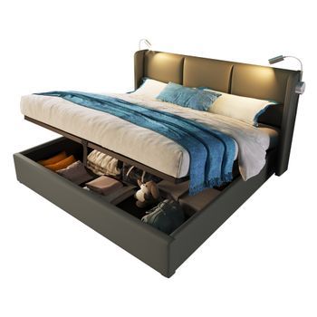 Cama Doble 160x200cm-lámpara De Lectura Con Puerto Usb-gris