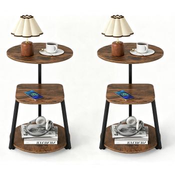 Costway Juego de 2 Mesa Auxiliar Madera y Hierro Negro Tres Niveles Almacenamiento con Pies Regulables para Salón Dormitorio 42,5 x 42,5 x 61 cm Marrón