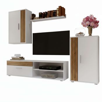 Mueble De Salón Comedor Koln Estilo Nórdico Armarios Y Mueble Tv Color Blanco Mate Y Roble Tablilla 190 Cm