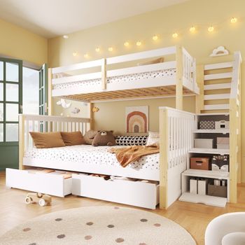 Litera De 140 X 200 Cm + 90 X 200 Cm Con 2 Cajones Y 4 Puertas - Pino Y Mdf - Blanco + Natural (colchón No Incluido)