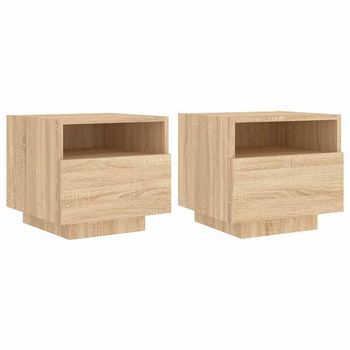 Pack 2 Uds Mesitas De Noche | Mesa Auxiliar | Mesilla Con Luces Led Roble Sonoma 40x39x37 Cm