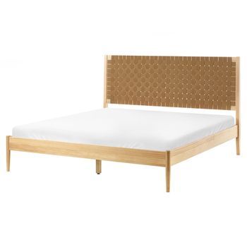 Cama Minimalista Con Somier De Láminas Y Cabecero Tapizado 160 X 200 Cm Madera De Pino Marrón Claro Brunemont