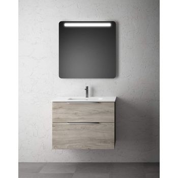 Mueble De Baño Suspendido Con Lavabo Cerámico | 2 Cajones Con Cierre Amortiguado Y Organizador | 60 Cm - Pino Gris - Cromo Brillo
