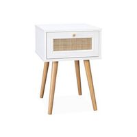 mesita de noche de 1 cajon con efecto madera y cana blanco roto