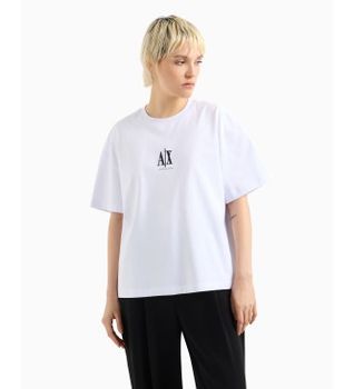 A|X Armani Exchange para mujer. XW001182AF15085U0002 Camiseta holgada de algodón de manga corta con cuello redondo con logo bordado blanco (
