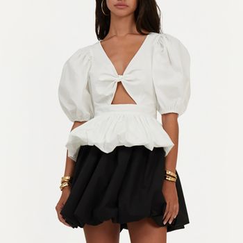 ROTATE Birger Christensen Puff Sleeve Cotton-Blend Poplin Top - UK 14
