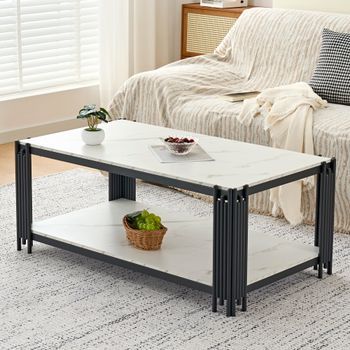 Mesa De Centro Rectangular Efecto Mármol, Blanca Y Negra, 114 × 64 × 46 Cm