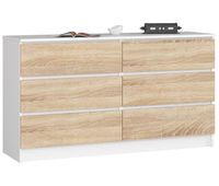 comoda akord k140 blanco 138 cm 6 cajones frente en color roble sonoma 138x40x77 cm