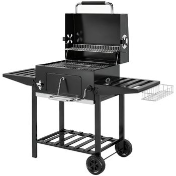 Outsunny Barbacoa de Carbón con Bandeja Ajustable Estantes Plegables Ruedas Termómetro Tapa Chimenea Ventilaciones y Cesta   Aosom España