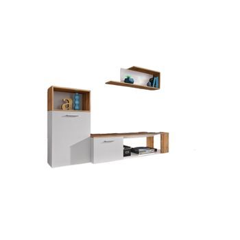 Conjunto De 3 Muebles De Diseño Para Tu Sala De Estar, Colección Mozes. Colores Blanco Y Roble.