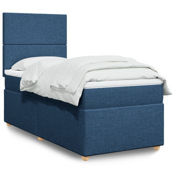 Cama Para Adulto | Cama Individual | Cama Box Spring Con Colchón Tela Azul 100x200 Cm Cfw80207