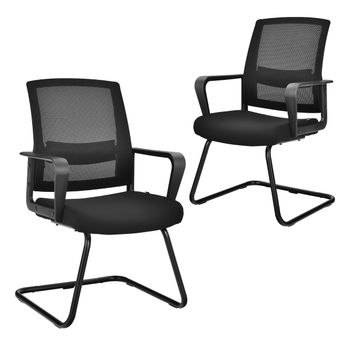 Costway 2 Sillas de Conferencia de Oficina Forma Trineo Respaldo Ergonómico de Red Asiento Acolchado Soporte Lumbar Regulable 60 x 54,5 x 94 cm Negro