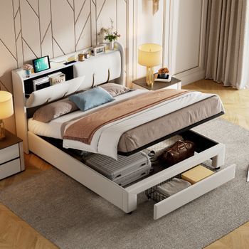 Cama De Terciopelo 160x200 Cm Con Almacenaje Y Usb Led, Beige