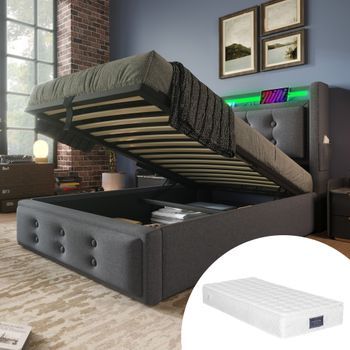 Cama Individual Tapizada 90x200 Con Cabecera Led Y Carga Usb-c, Somier De Listones De Madera Y Metal, Hidráulico, Gris, Algodón, Con Colchón