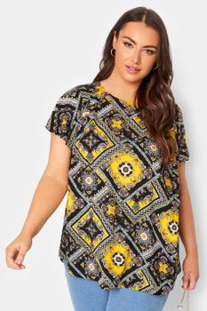 Yours Blusa Patchwork Amarillo Y Negro Con Volantes En Hombros, Mujer Curvy Y Tallas Grandes, Yours