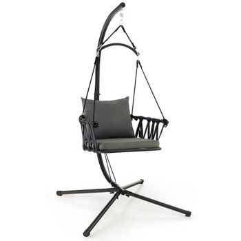 Costway Columpio Colgante con Soporte Acogedores Cojines para Asiento Respaldo Estructura de Metal Inoxidable Respaldo Tejido para Patio Gris