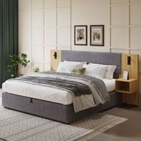 cama doble 160x200 grisnatural terciopelo hidraulica usb 2 mesitas cajones somier listones madera