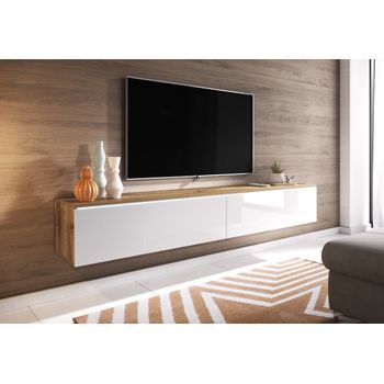 Mueble De Tv Lowboard D 180 Cm, Mueble De Televisión, Mueble De Salón, Con Iluminación Led, Color Wotan/blanco Brillo