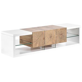 Mueble Tv De Madera Clara Y Blanco Unidad Multimedia Con Estante Para 2 Gabinetes Fulerton
