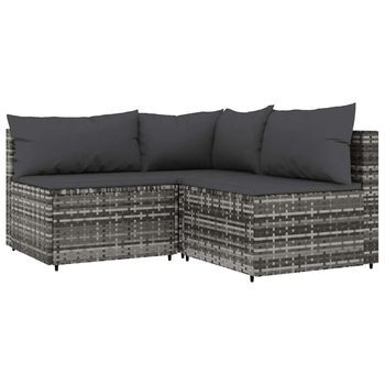 Set De Muebles De Jardín 3 Piezas | Mobiliario De Jardín Y Cojines Ratán Sintético Gris