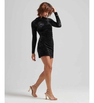 Superdry para mujer. W8011367A Minivestido de manga larga de terciopelo negro (L), Fiesta, Poliéster