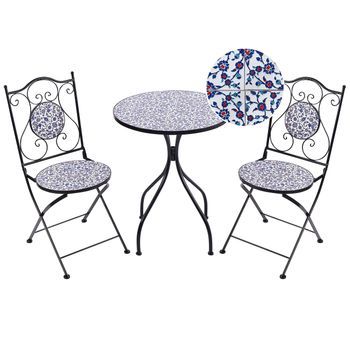 Conjunto De Balcón Jardín Exterior Metal Estilo Vintage Patrón Mosaico Estructura De Hierro Negro Azul Camprena