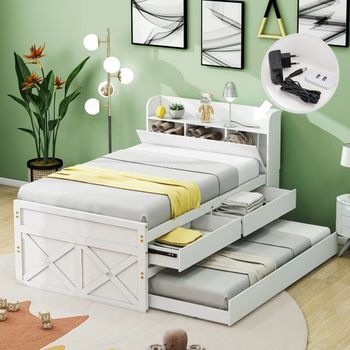 Cama Nido Con 2 Cajones - 90 X 190 Cm - Estantes De Almacenamiento Y Toma Usb - Madera Maciza - Blanco