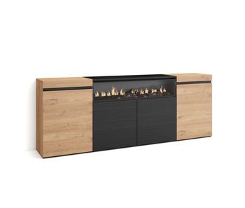 Aparador para salón gran capacidad de almacenaje 200x35x75cm 4 puertas chimenea eléctrica estilo moderno roble y negro