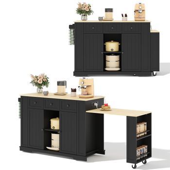 Isla De Cocina Móvil Con Mesa Extensible Y Enchufes Integrados, 138x55x93 Cm, Madera Mdf, Blanco Y Natural
