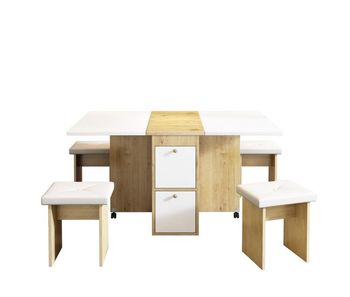 Juego de mesa de comedor con 4 sillas - mesa plegable con 2 cajones 140*80*75cm - de tablero de partículas - blanco y dorado