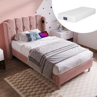 cama individual acolchada 90x200 cm terciopelo rosa con usb-c somier de lamas y colchon ideal para habitacion de invitados