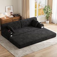 sofa cama de tres plazas de pana negra respaldo alto y estructura metalica