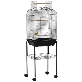 PawHut Jaula para Pájaros con Soporte 4 Ruedas Techo Abrible 2 Comederos Estante