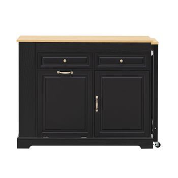 Isla De Cocina Móvil Con Encimera Extensible Lateral, Ruedas Y Almacenamiento, Negra