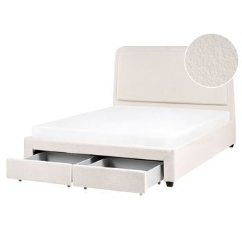 Cama Escandinava De Bouclé Con Cabecero 160 X 200 Cm Tapizada Con 2 Cajones Y Somier De Láminas Blanco Crema Sardent