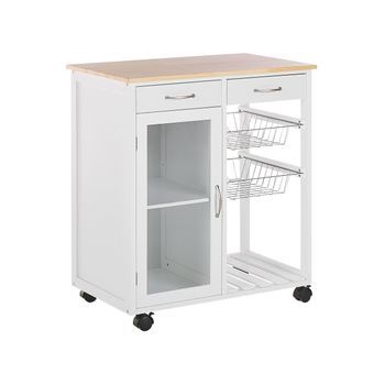 Carrito De Cocina De Madera De Pino Blanco Ruedas 2 Estantes 1 Armario 2 Cajones Moderno Sala De Estar Boves