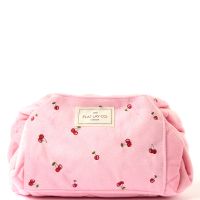 the flat lay co drawstring flat lay makeup bag - ditsy cherries pink embroidered velvet