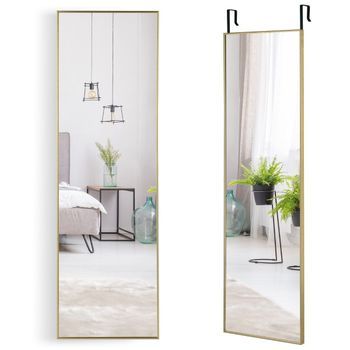 Espejo De Cuerpo Entero De 37 X 120 Cm Con Ganchos Para Colgar De Altura Regulable Espejo De Pared Dorado