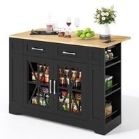 isla de cocina de 120 cm mesa plegable estante abierto toma de corriente usb puerta de cristal negro  natural