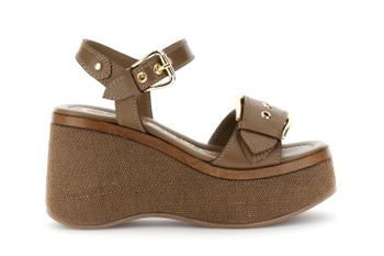 sandalias de cuña de piel con doble hebilla taupe