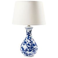 lampara de mesa elegante con base de porcelana con estampado floral pantalla de lino tambor iluminacion blanco y azul carmen