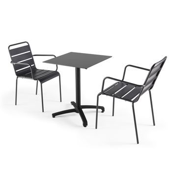 Mesa De Jardín En Laminado Negro Y 2 Sillones Palavas Gris, Opéra - Oviala