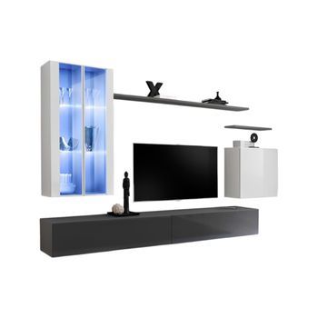 Conjunto De Muebles De Salón Mural Switch Xii Diseño, En Colores Gris Y Blanco Brillante.
