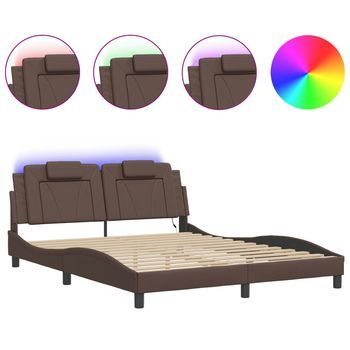 Cama Doble | Cama Para Adultos | Estructura De Cama Con Luces Led Cuero Pe Marrón 160x200 Cm