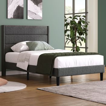 Cama Con Cabecero - 90 X 200 Cm - Tela De Lino - Somier - Gris