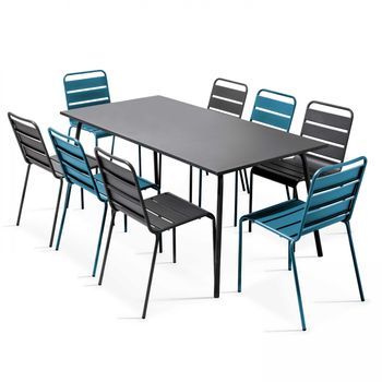 Mesa De Jardín Rectangular Y 8 Sillas De Metal Gris Y Azul Pacifico
