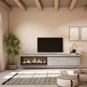 Mueble tv efecto madera cemento 237x35x45cm chimenea efecto fuego